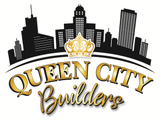 A logo for queen city builders with a city skyline and a crown