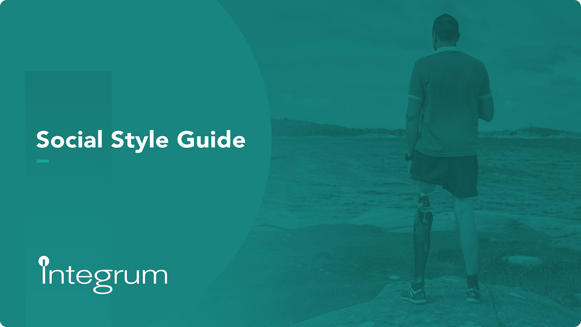 Man looking out at body of water, Social Style Guide title. Green color scheme. Integrum logo.