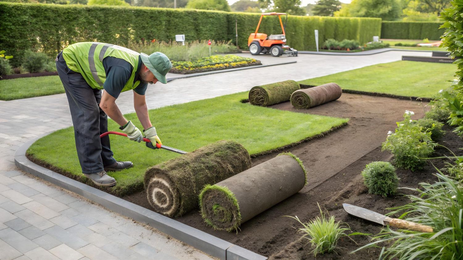 Person laying sod rolls in a garden bed with a mower in the background.