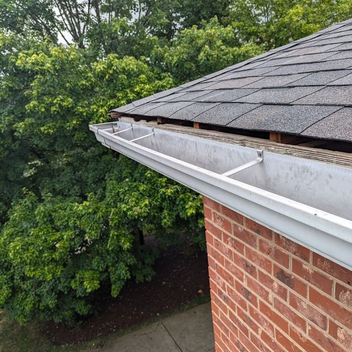 Gutter on a brick building, holding debris, next to a shingled roof with trees in the background.