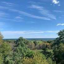 Vast blue sky over green trees, field, and body of water on the horizon.
