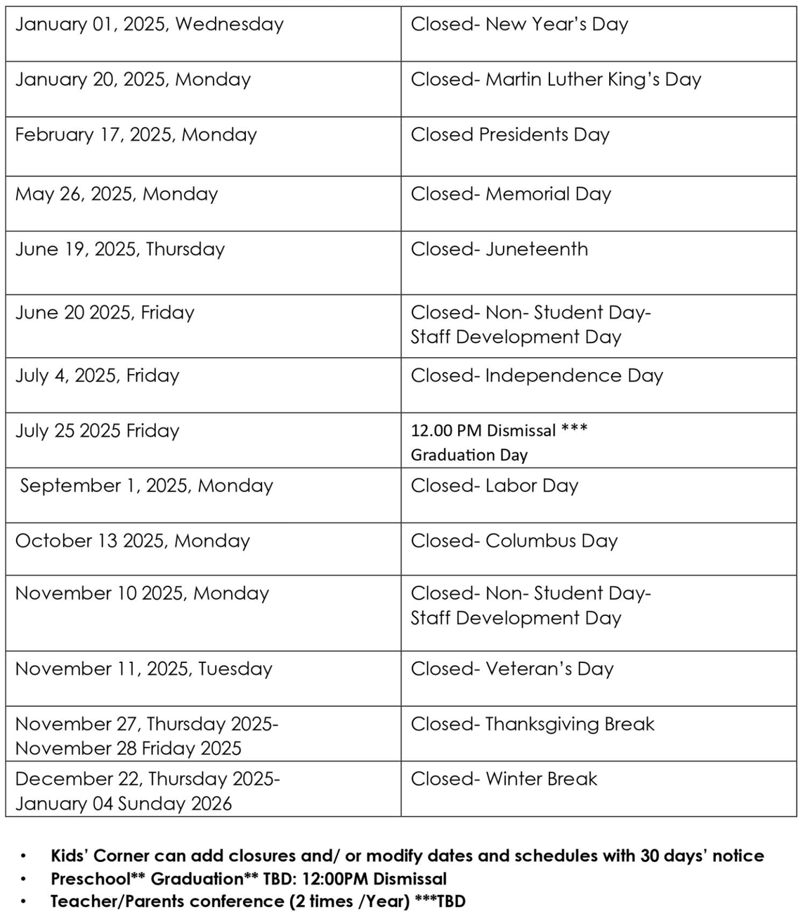 A table of holidays for the year 2024