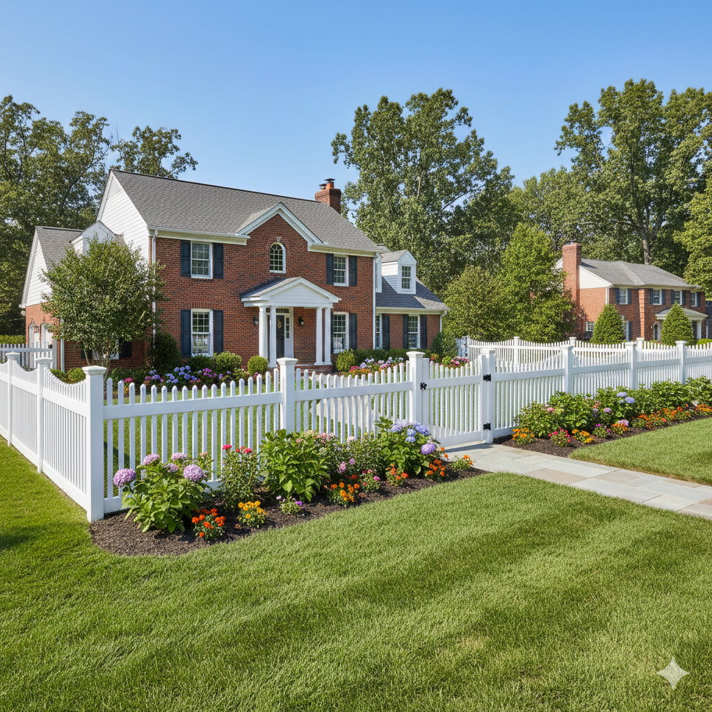 white pickett fence around a brick house in southern md