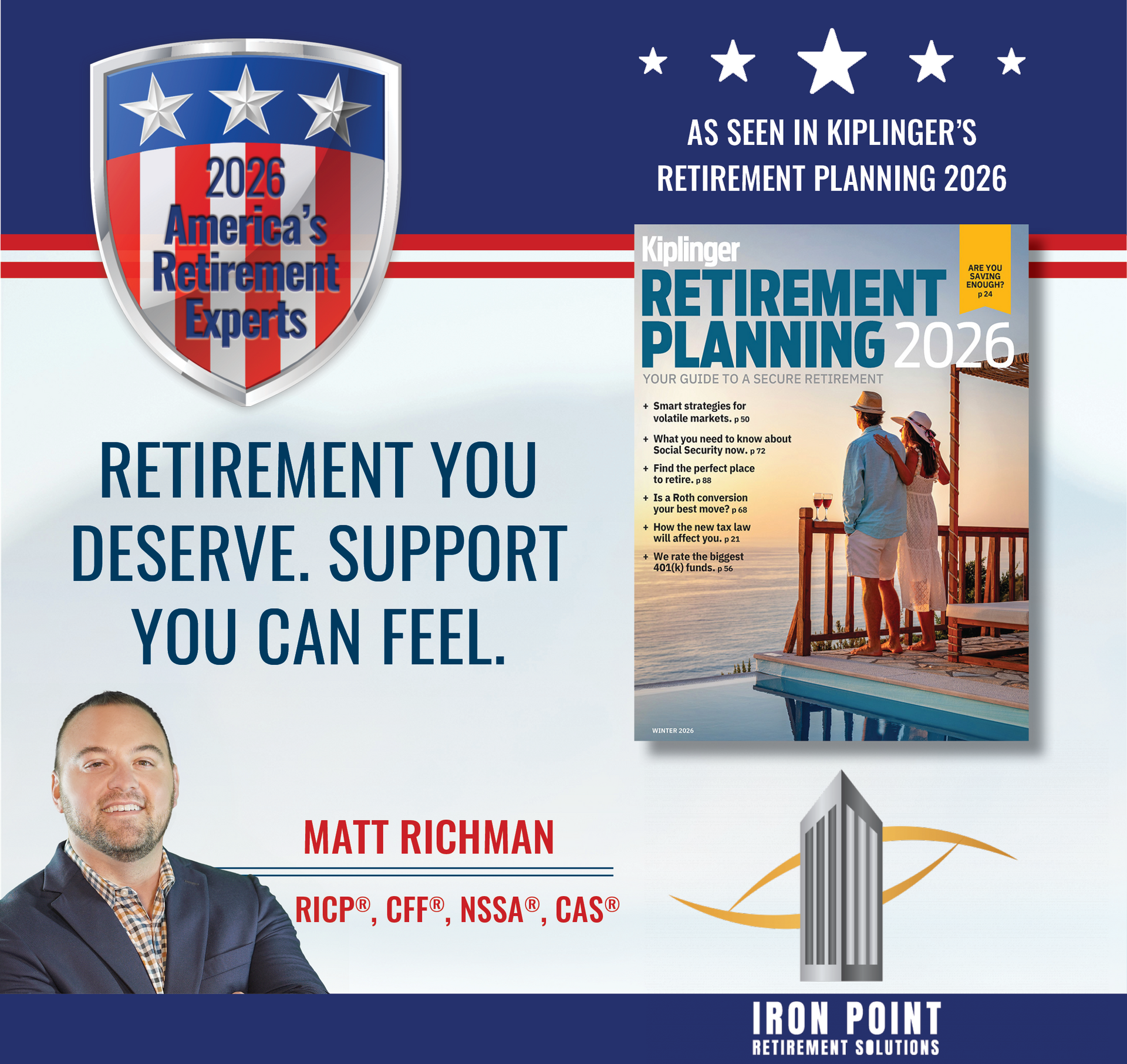 Advertisement for retirement planning services featuring Matt Richman, with the magazine 