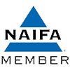 A blue triangle with the words `` naifa member '' written on it.