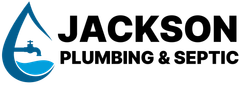 Logo for Jackson Plumbing, a company, featuring a blue water droplet with a faucet. Black text reads 
