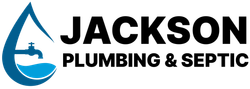 Logo for Jackson Plumbing, a company, featuring a blue water droplet with a faucet. Black text reads 