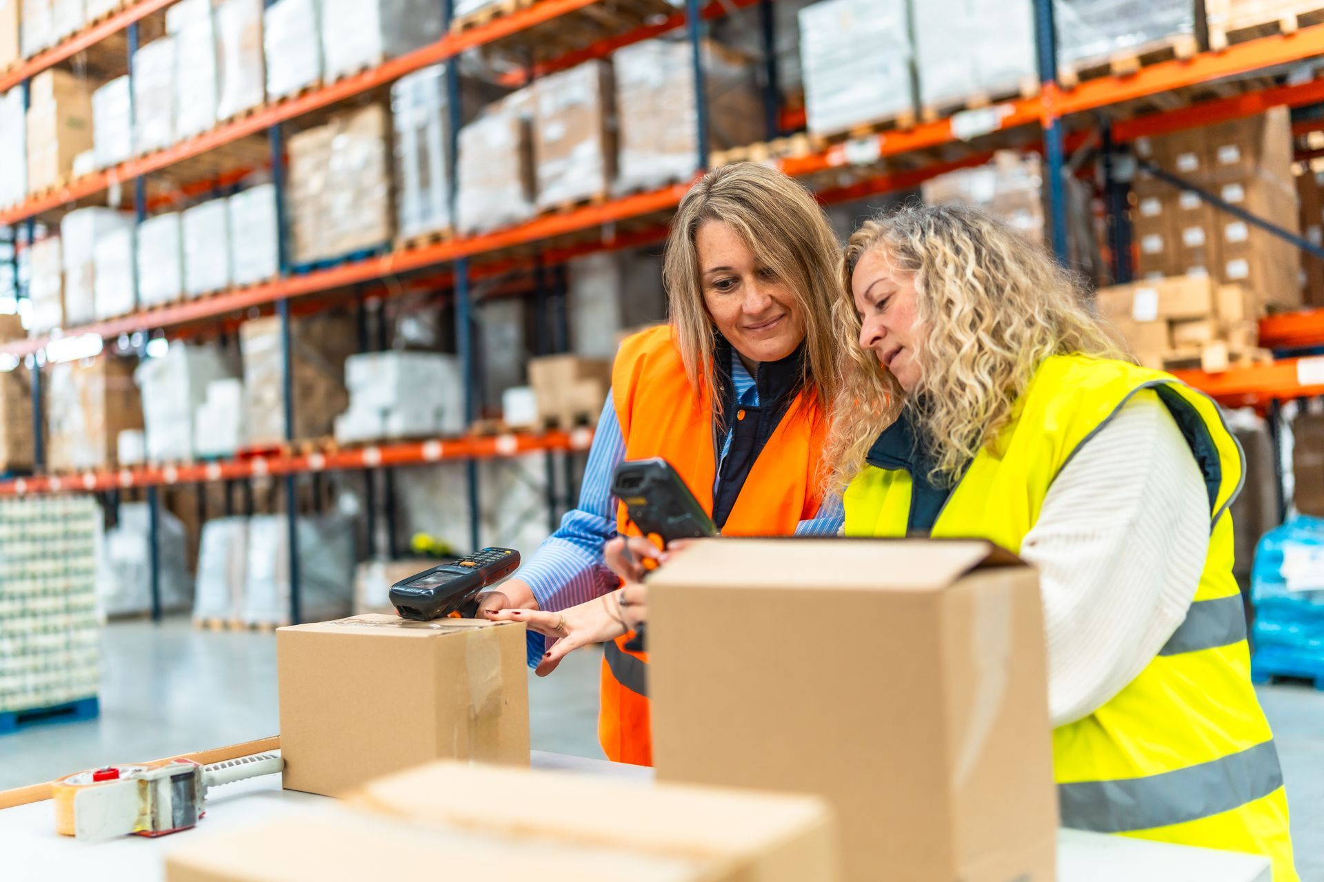 Warehouse workers scanning packages and preparing shipments in a logistics distribution center