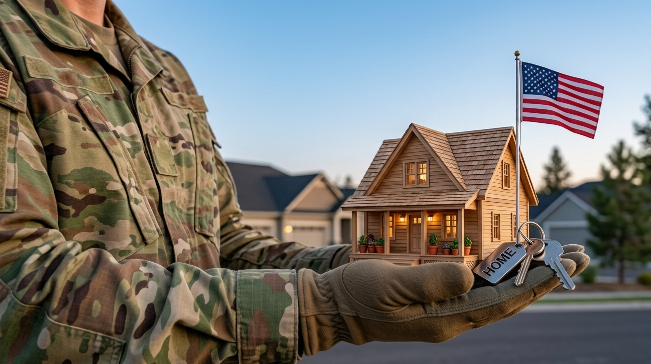 Military member holding house keys and a miniature home.