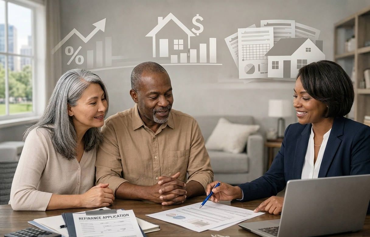 Loan officer meeting with an elderly couple about refinancing.