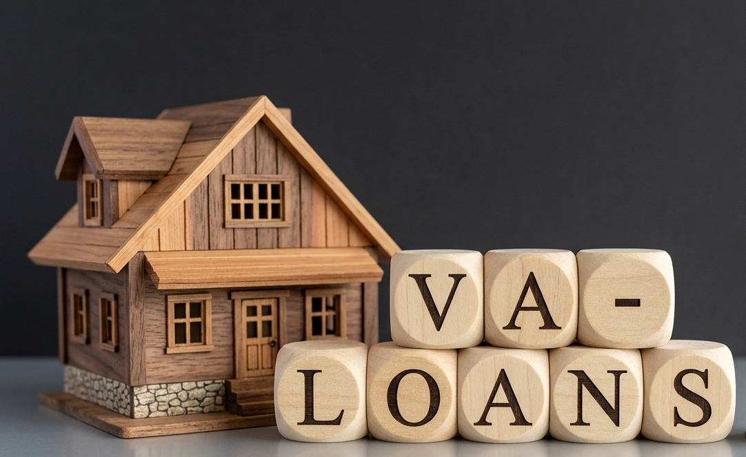 Wooden blocks spelling VA Loans next to a model house.