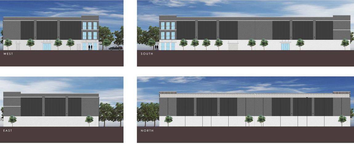 A set of four drawings of a building with trees in front of it.