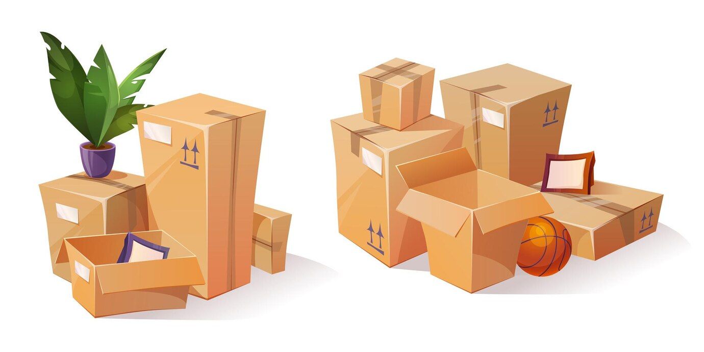 A bunch of cardboard boxes are stacked on top of each other on a white background.
