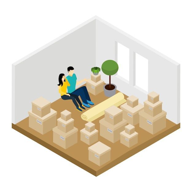 A man and a woman are sitting on the floor in a room filled with boxes.