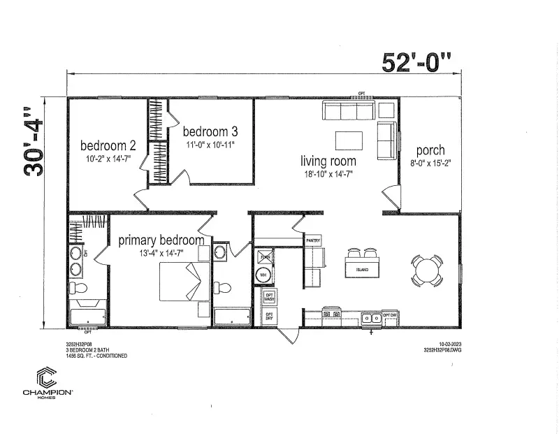 A floor plan of a house with three bedrooms and a porch.