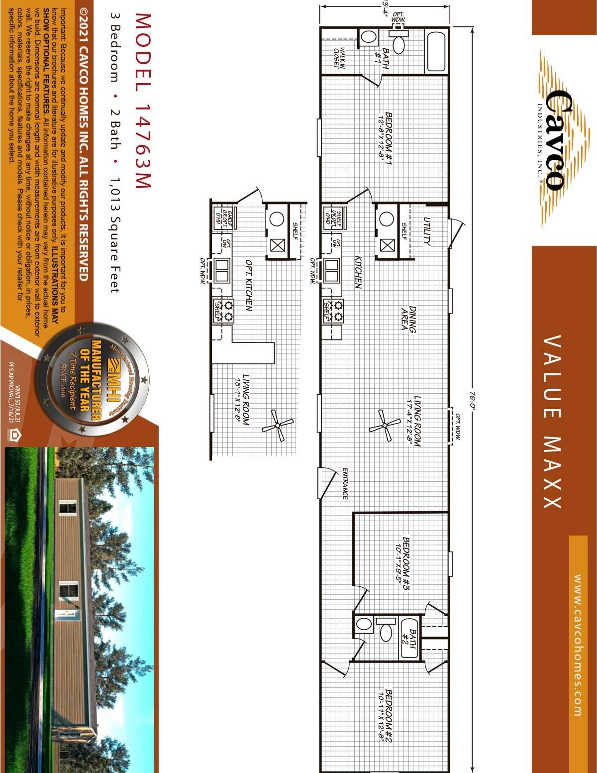 A floor plan of a mobile home with a picture of a house.