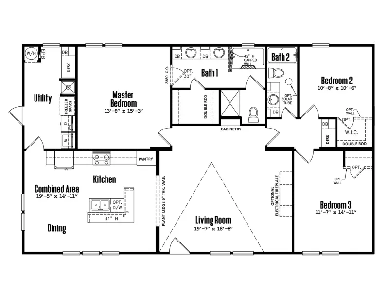 A black and white floor plan of a house with three bedrooms and a kitchen.