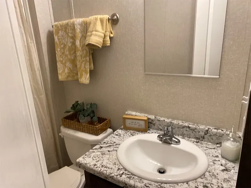 A bathroom with a sink , toilet and mirror