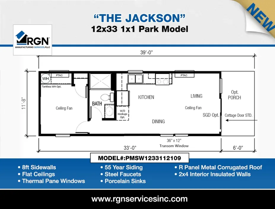 An advertisement for the jackson 12x33 1x1 park model