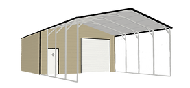 A drawing of a garage with a door and a roof.