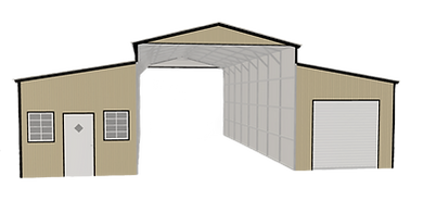 A drawing of a garage with a door and windows.