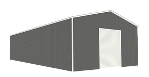 A gray garage with a white door on a white background.