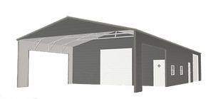 A black and white drawing of a garage with a white door.