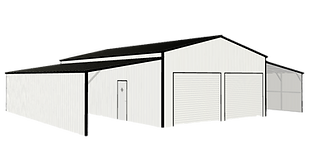 A white building with a black roof and doors on a white background.