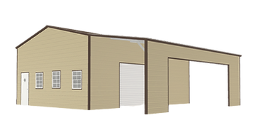 A drawing of a building with a garage and a door.