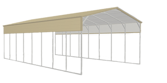 A carport with a tan roof and white walls on a white background.