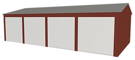 A red shed with white doors and a gray roof