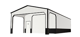 A white and black garage with a door and a roof on a white background.