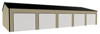 A row of garage doors with a black roof on a white background.