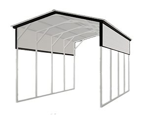 A carport with a white roof and black trim on a white background.