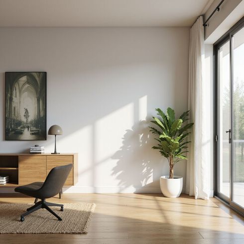 Room with wooden floor, sliding glass door, modern furniture, artwork, and a potted plant.