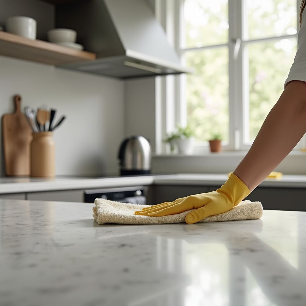 Person wearing yellow gloves wiping a kitchen countertop with a cloth.