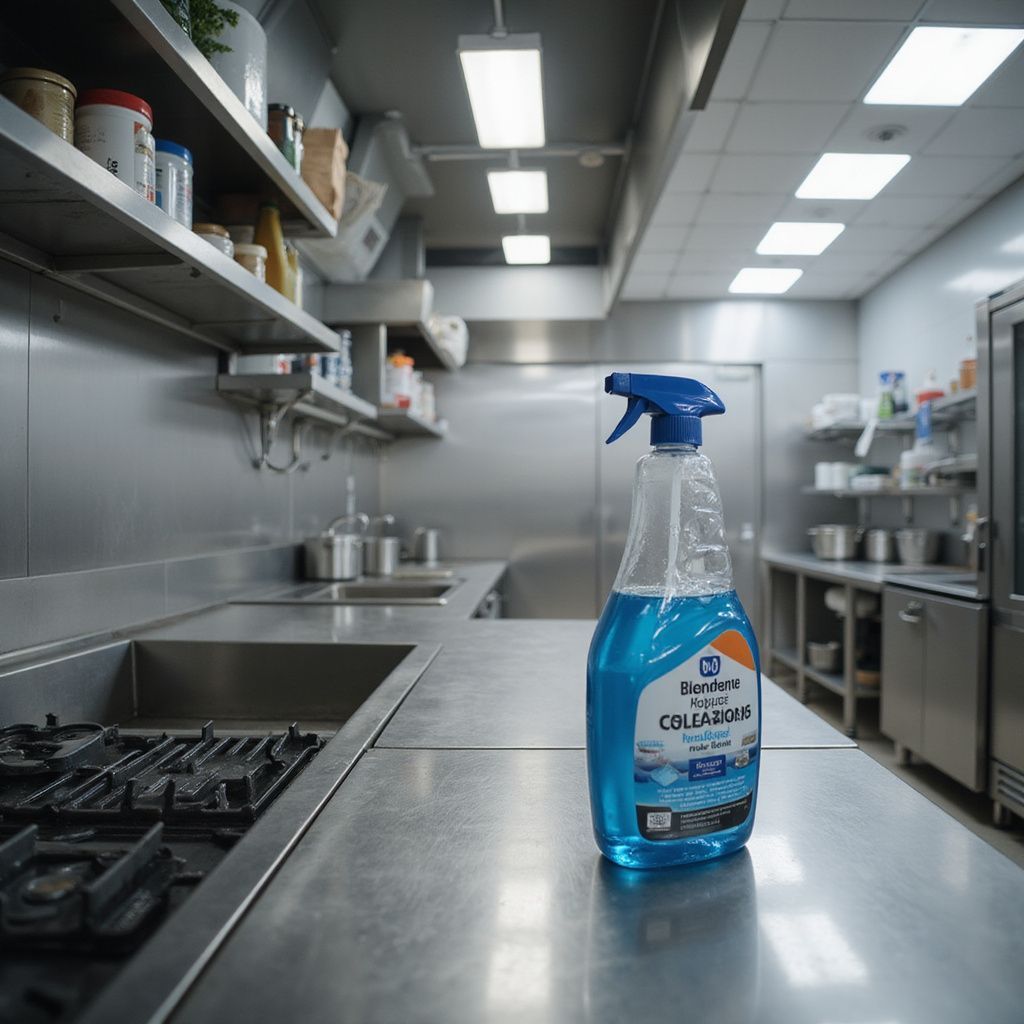 Blue spray bottle on a stainless steel commercial kitchen counter.