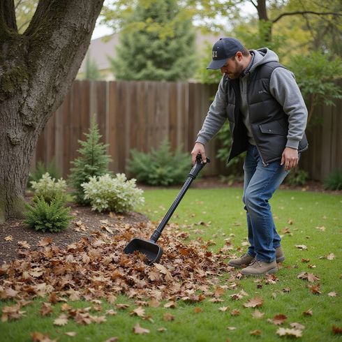 Man raking leaves in a yard with a large rake.  Brown leaves, green grass, wooden fence, tree, cloudy day.