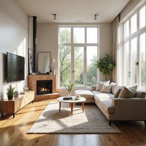 Modern living room with fireplace, TV, sectional sofa, large windows, and natural light.