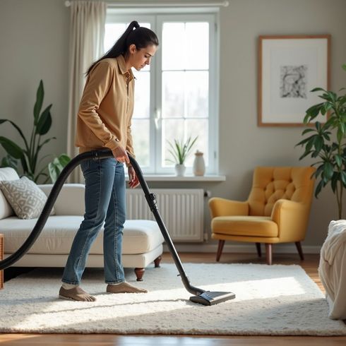 Woman vacuums a white rug in a living room, near a sofa, yellow armchair, and window.