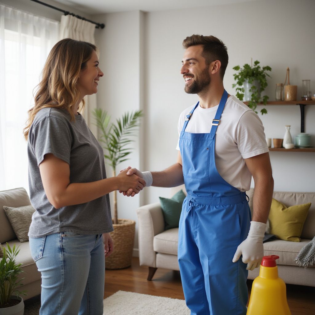 Woman shaking hands with a person in cleaning overalls indoors, smiling.