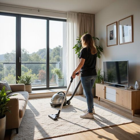 Woman vacuums a cream-colored rug in a sunny living room with plants, a sofa, and a TV.