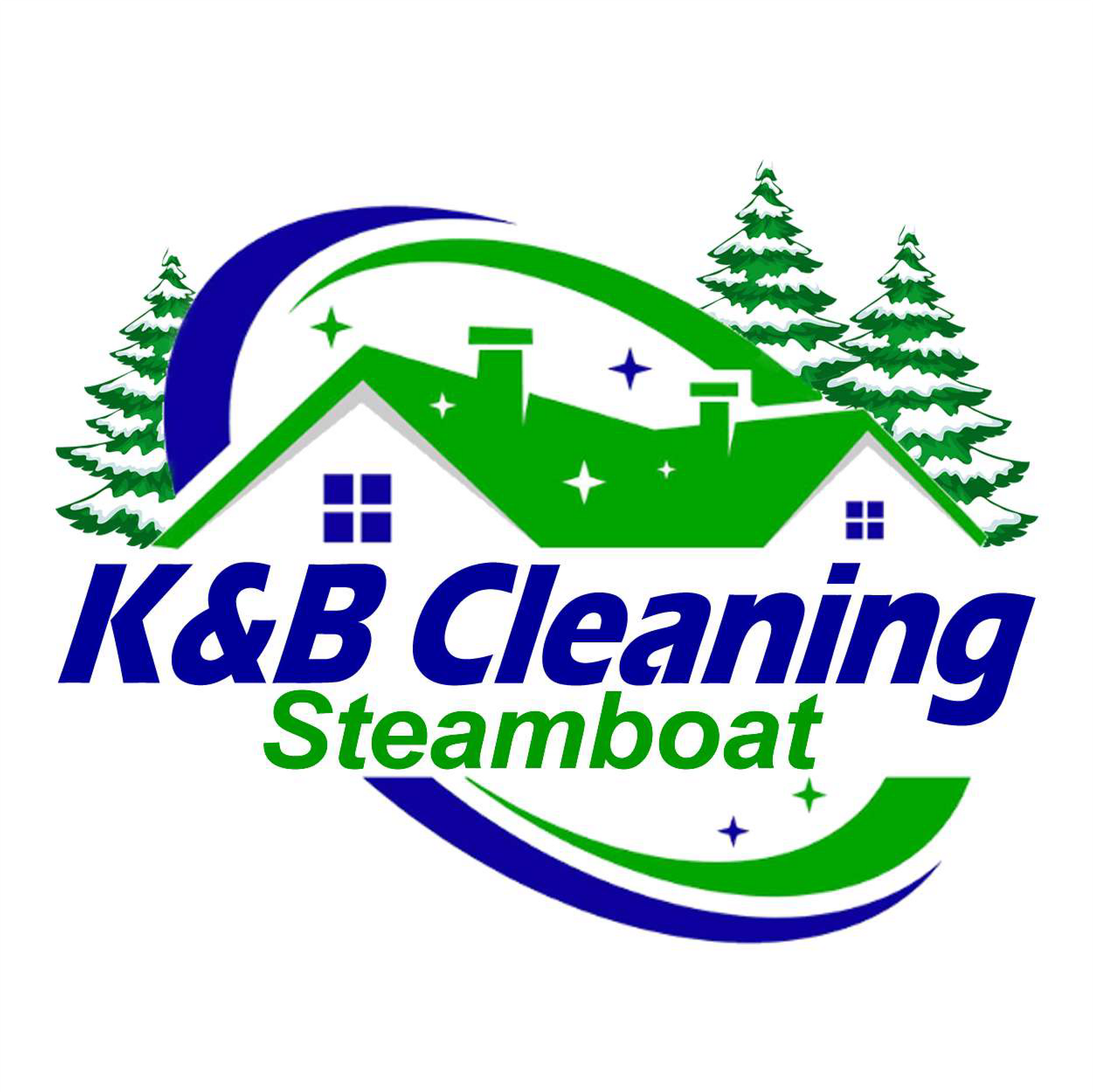 Logo for K&B Cleaning Steamboat featuring a house with green roof, trees, and blue arc.