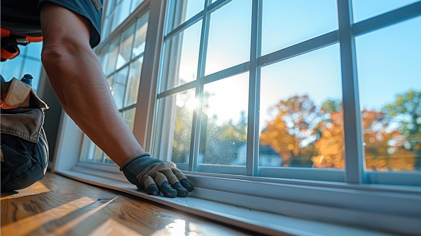 A person is fixing a window with a screwdriver.