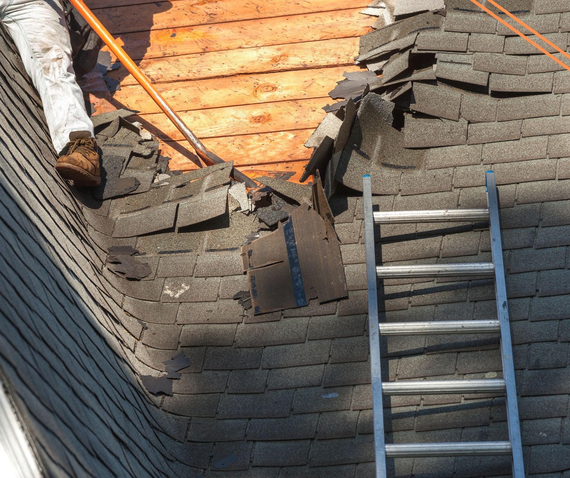 A person on a roof tears away damaged asphalt shingles with a tool; an aluminum ladder leans against the roof.