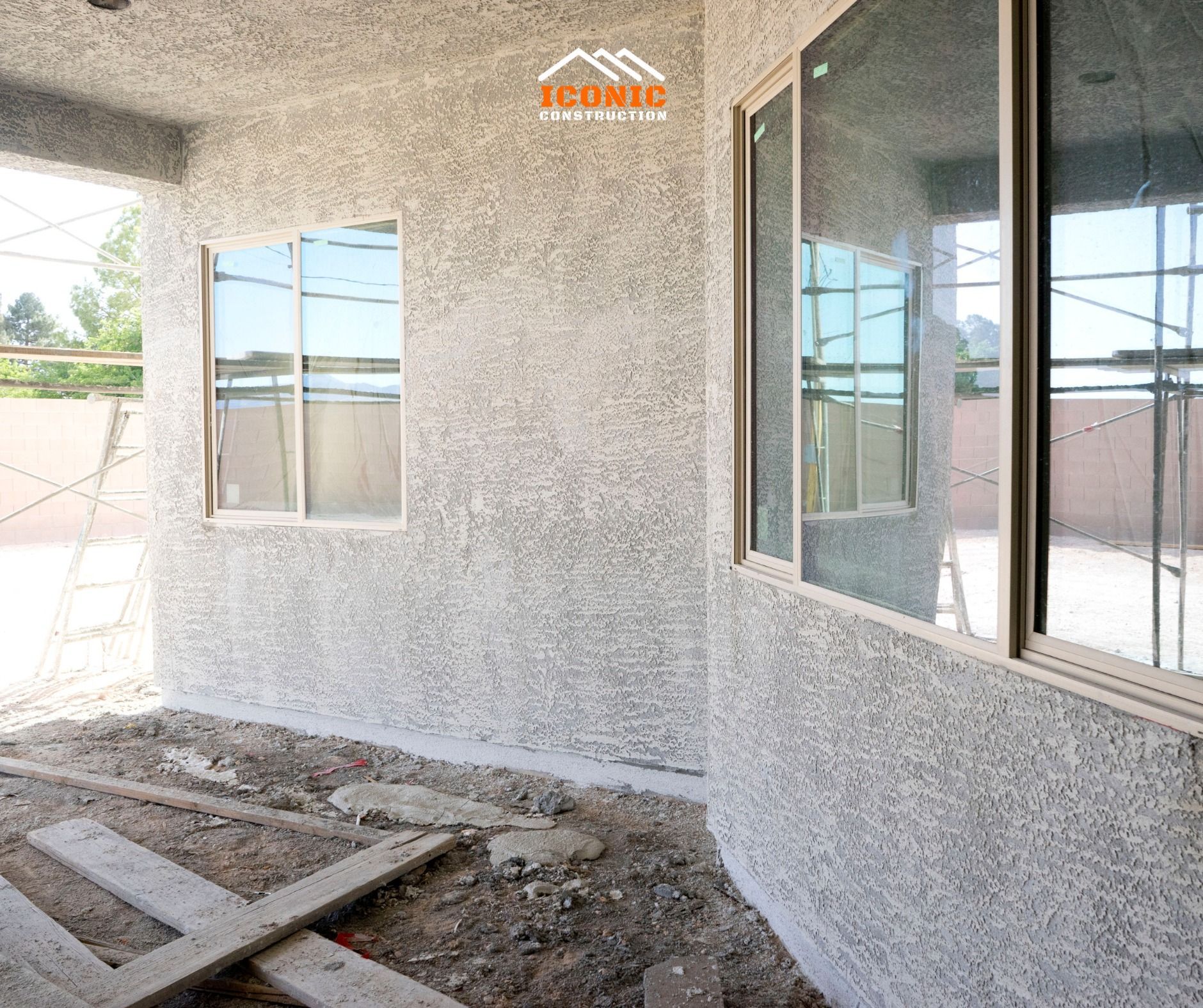 Exterior corner of a building with textured light gray stucco, two windows, and a dirt floor with construction materials.