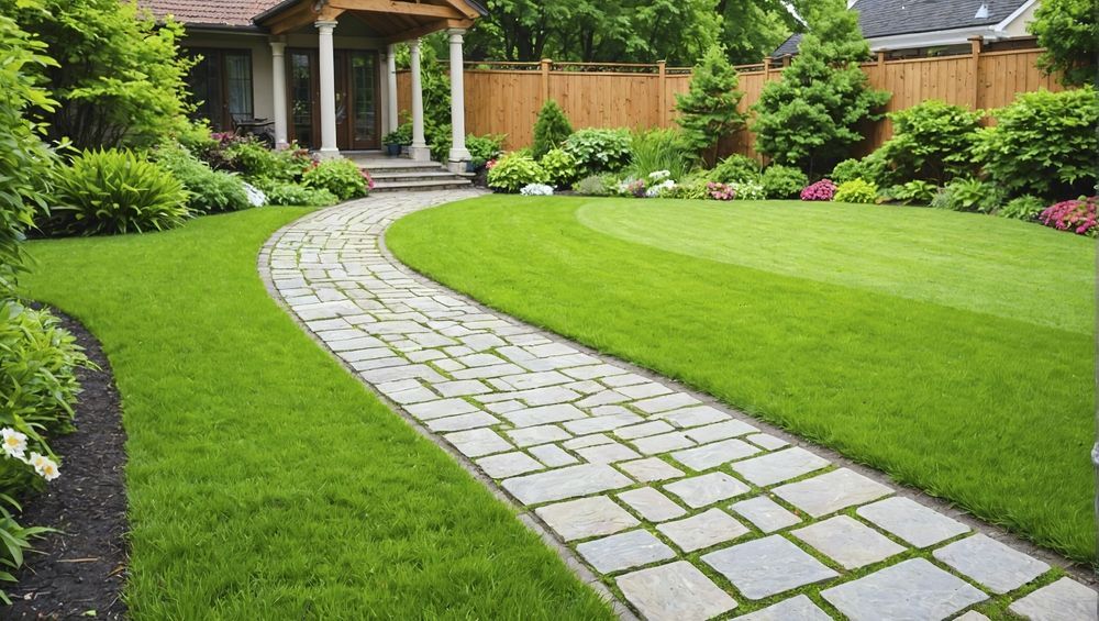 A stone walkway leading to a house in a lush green yard.