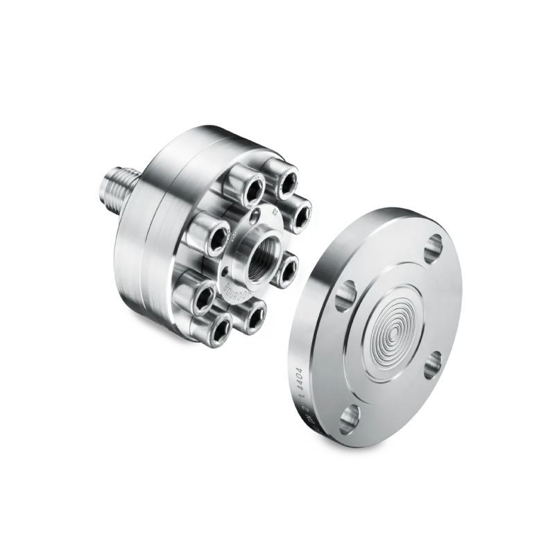 Sensor de acero inoxidable con cara circular y múltiples tubos, separado de una brida circular.