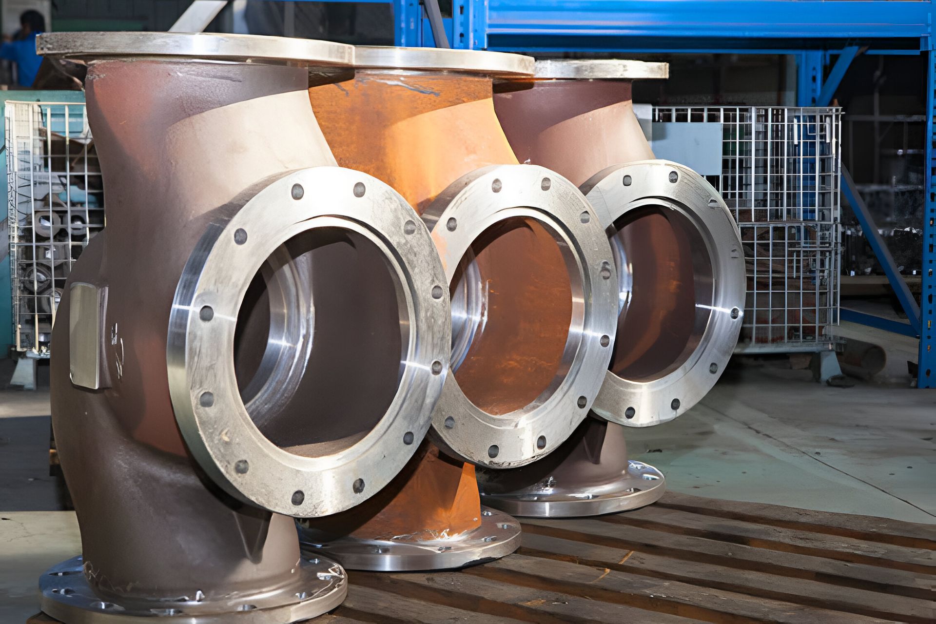 Tres grandes accesorios para tuberías metálicas con bridas circulares, en un entorno de fábrica.