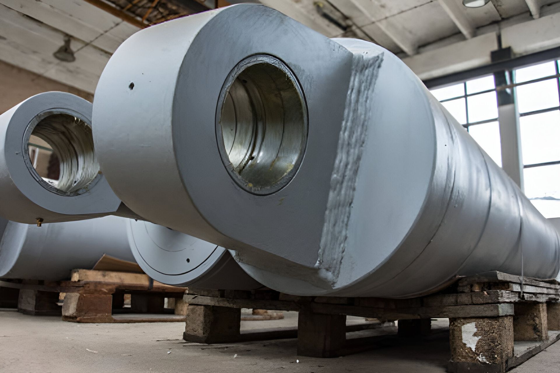 Grandes piezas industriales cilíndricas de color gris sobre palets de madera en un entorno industrial.